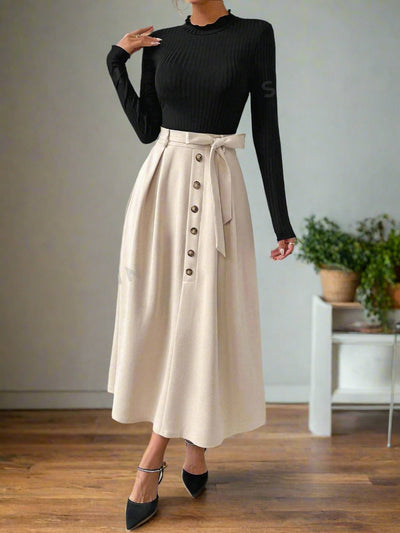 Chic and Classy: Two-Tone Button Detail Belted Dress