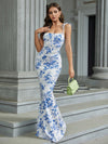 Floral Fantasy: Lace-Up Mermaid Hem Ruched Maxi Dress