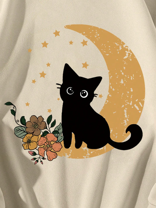 Cozy Cat & Moon Thermal-Lined Sweatshirt - Perfect for Chill Days