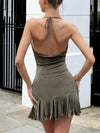 Elegant Draped Collar Tie-Back Halter Dress with Lace Trim