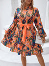 Elegant Paisley Print Lantern Sleeve Ruffled Hem Belted Dress for Plus Sizes