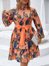 Elegant Paisley Print Lantern Sleeve Ruffled Hem Belted Dress for Plus Sizes