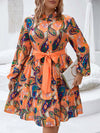 Elegant Paisley Print Lantern Sleeve Ruffled Hem Belted Dress for Plus Sizes