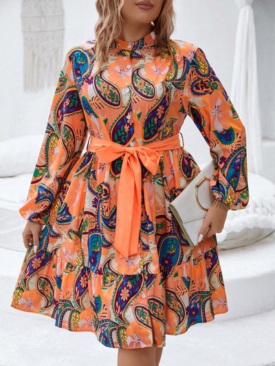 Elegant Paisley Print Lantern Sleeve Ruffled Hem Belted Dress for Plus Sizes