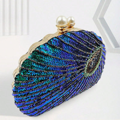 Shimmering Peacock Feathers: Glittery Sequins Clutch Wallet for Party, Wedding, Prom
