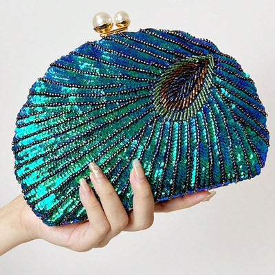 Shimmering Peacock Feathers: Glittery Sequins Clutch Wallet for Party, Wedding, Prom