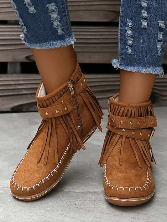 Stylish Studs and Fringe: Women's Round Toe Flat Boots with Side Zipper