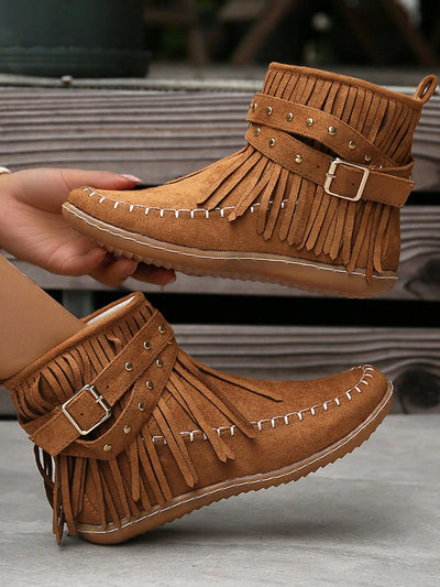 Stylish Studs and Fringe: Women's Round Toe Flat Boots with Side Zipper