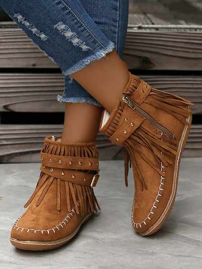 Stylish Studs and Fringe: Women's Round Toe Flat Boots with Side Zipper