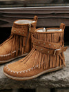 Stylish Studs and Fringe: Women's Round Toe Flat Boots with Side Zipper