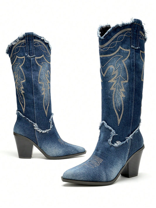 Chic Embroidered Denim High Heel Boots: Elevate Your Style Game