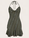 Elegant Draped Collar Tie-Back Halter Dress with Lace Trim