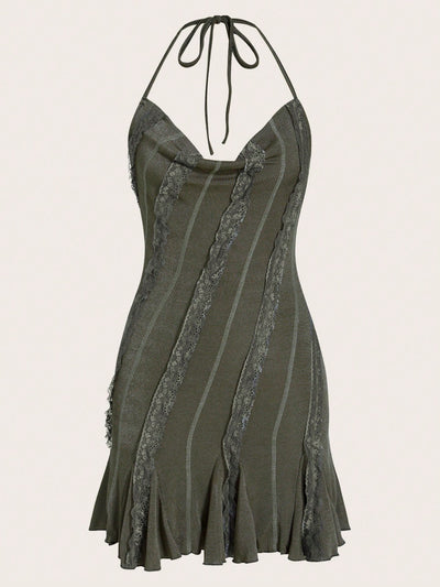 Elegant Draped Collar Tie-Back Halter Dress with Lace Trim