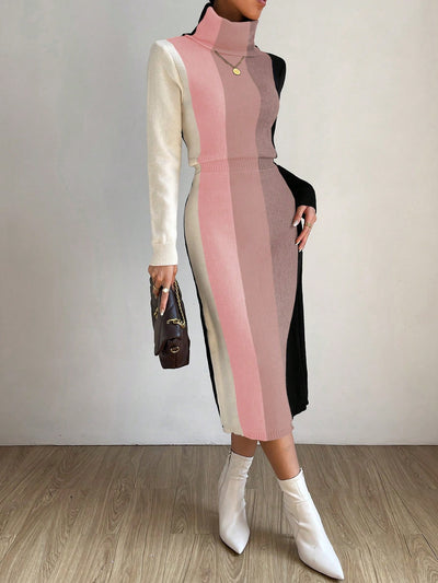 Chic and Cozy: Color Block Turtleneck Sweater Dress