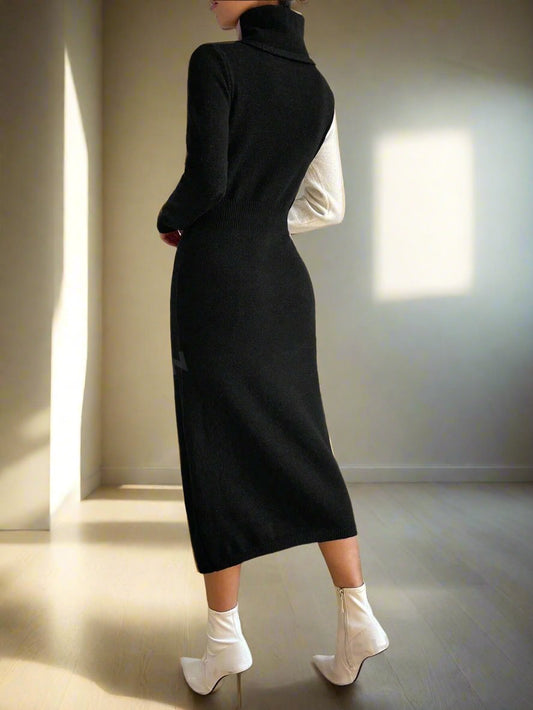 Chic and Cozy: Color Block Turtleneck Sweater Dress