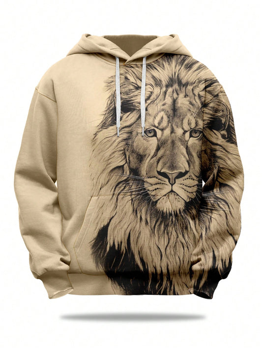 Introducing the Stylish Men's Plus Size Lion Pattern Print Kangaroo Pocket Drawstring Hoodie. With a bold lion pattern on a comfortable hoodie, you'll not only feel confident but also fashionable. The kangaroo pocket and drawstring hood add functionality to this stylish piece.