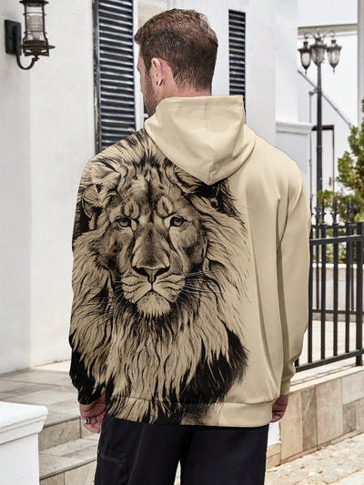 Stylish Men's Plus Size Lion Pattern Print Kangaroo Pocket Drawstring Hoodie