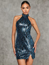 Sparkling Holiday Elegance: Christmas Sequin Halter Dress with Split Hem