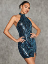 Sparkling Holiday Elegance: Christmas Sequin Halter Dress with Split Hem