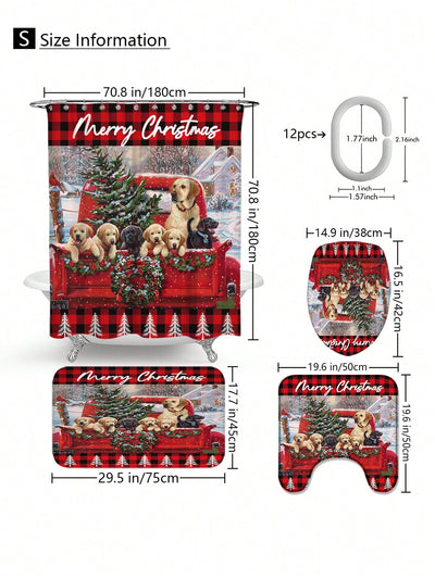 Festive Pooch Shower Curtain Set: Waterproof Christmas Decor with Cozy Anti-Slip Mats