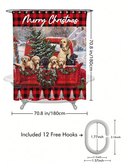 Festive Pooch Shower Curtain Set: Waterproof Christmas Decor with Cozy Anti-Slip Mats