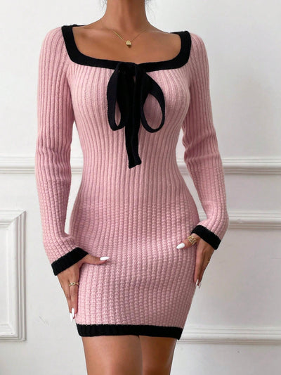 Chic Contrast Trim Knot Front Sweater Dress - Effortless Style for Every Occasion