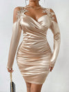 Elegance in Satin: Lace Patchwork Open Shoulder Bodycon Dress