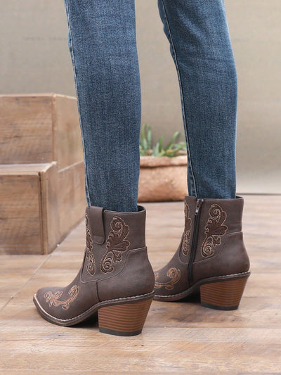 Chic Western Embroidered Cowgirl Ankle Boots with Side Zipper