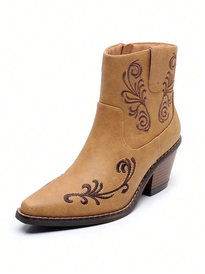 Chic Western Embroidered Cowgirl Ankle Boots with Side Zipper