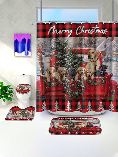 Festive Pooch Shower Curtain Set: Waterproof Christmas Decor with Cozy Anti-Slip Mats