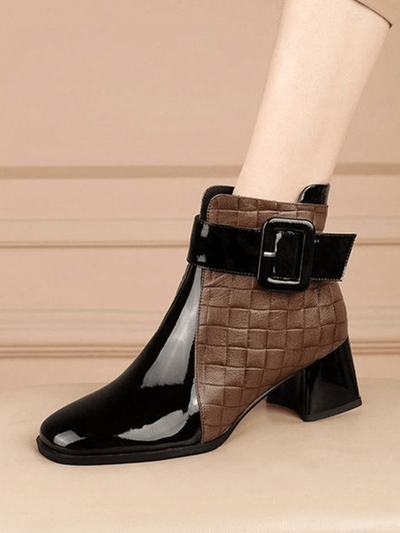 Stylish Color Block Square Toe Ankle Boots with Belt Buckle and Side Zipper