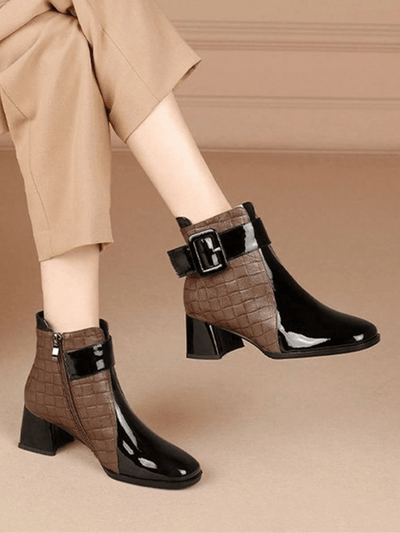 Stylish Color Block Square Toe Ankle Boots with Belt Buckle and Side Zipper