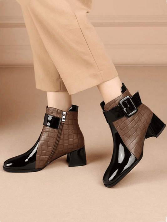 Discover fashion and functionality with our Stylish Color Block Square Toe Ankle Boots. With a modern design and convenient features like a belt buckle and side zipper, these boots are perfect for any stylish adventure. Elevate your wardrobe with these fashion-forward boots.