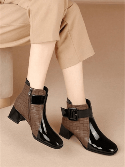Stylish Color Block Square Toe Ankle Boots with Belt Buckle and Side Zipper