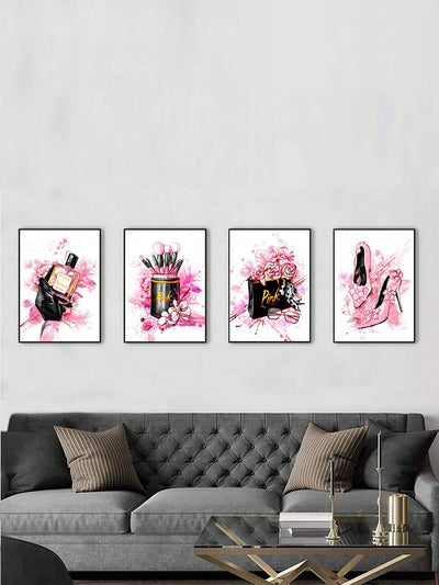 Chic Pink Perfume and Fashion Canvas Set: The Modern Girl's Room Decor Collection