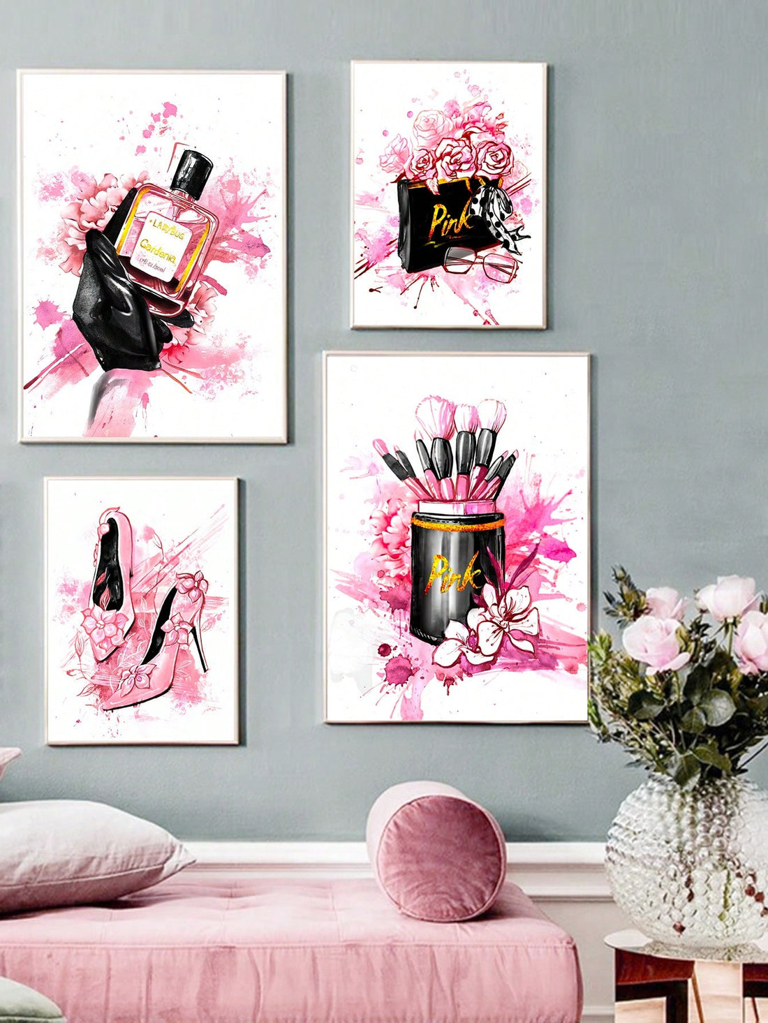 Transform your room into a chic and stylish space with our Pink Perfume and Fashion Canvas Set. This collection is perfect for the modern girl who loves fashion and design. The set includes a fashionable canvas and a delicate pink perfume, adding a touch of elegance to any room.