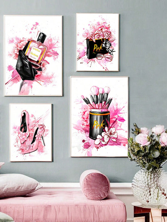 Chic Pink Perfume and Fashion Canvas Set: The Modern Girl's Room Decor Collection