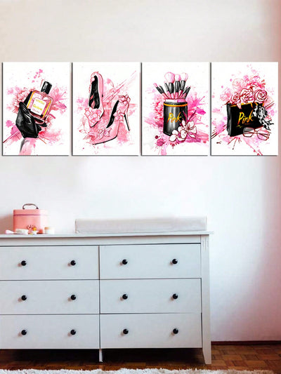 Chic Pink Perfume and Fashion Canvas Set: The Modern Girl's Room Decor Collection