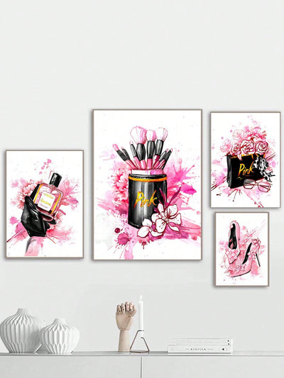 Chic Pink Perfume and Fashion Canvas Set: The Modern Girl's Room Decor Collection