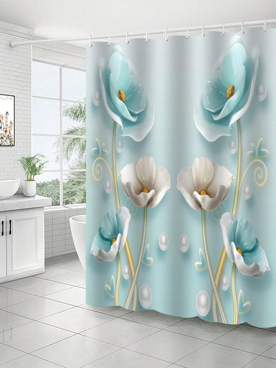 Elegant Blue Lily Polyester Shower Curtain - Waterproof & Mildew-Resistant Bathroom Decor