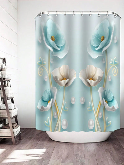 Elegant Blue Lily Polyester Shower Curtain - Waterproof & Mildew-Resistant Bathroom Decor