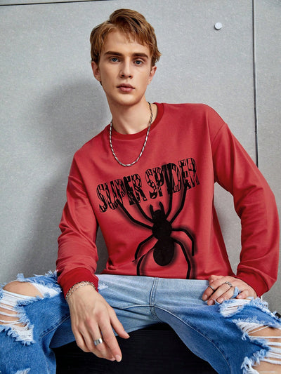 Men's Spider Print Drop Shoulder Pullover: Stay Stylish and Comfortable with Slogan Design