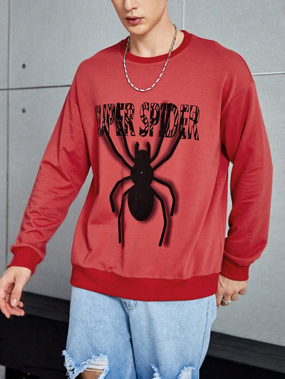 Men's Spider Print Drop Shoulder Pullover: Stay Stylish and Comfortable with Slogan Design