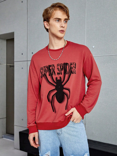 Men's Spider Print Drop Shoulder Pullover: Stay Stylish and Comfortable with Slogan Design