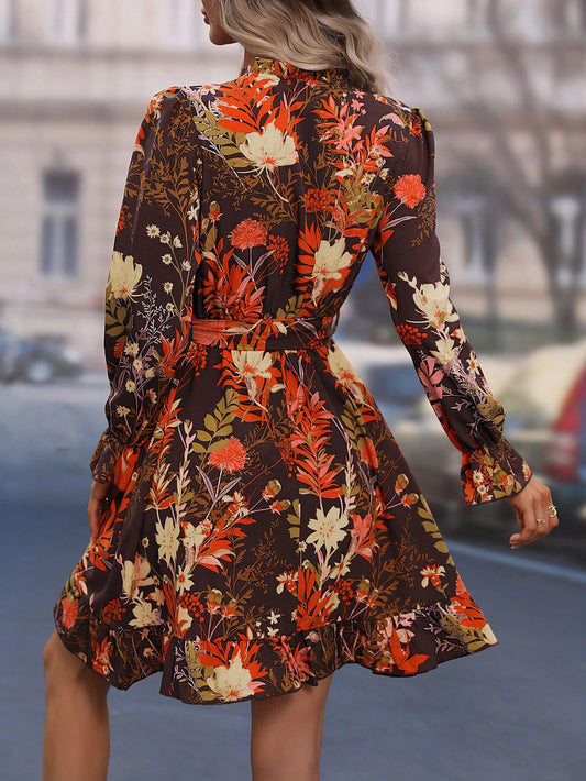 Chic Floral Print Ruffle Hem Dress with Flounce Sleeves and Belt