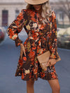 Chic Floral Print Ruffle Hem Dress with Flounce Sleeves and Belt