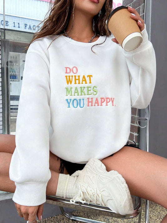 Introducing our Cozy and Cute: Slogan Embroidery Drop Shoulder Sweatshirt. Made with the softest materials, this sweatshirt is designed for ultimate comfort and style. The embroidered slogan adds a touch of personality to any outfit. Stay warm and fashionable in our Cozy and Cute sweatshirt.