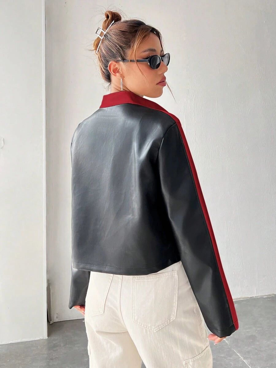 Red black colorblock moto jacket front view with white stripe panels
