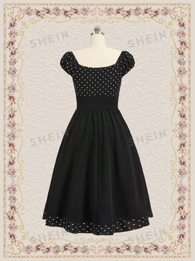 Sweetheart Polka Dot Pleated Dress with Fake Button Detail