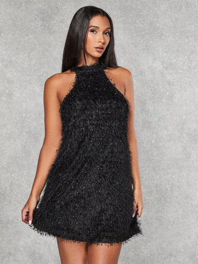 Chic Keyhole Back Fuzzy Halter Dress - Effortless Elegance for Every Occasion